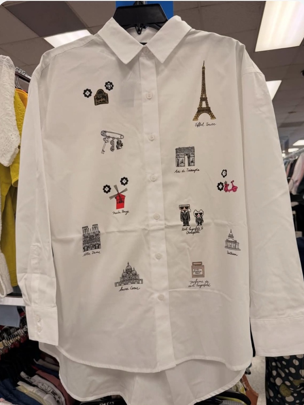 Karl Lagerfeld White Button-Down Shirt with Paris Motif Embroidery